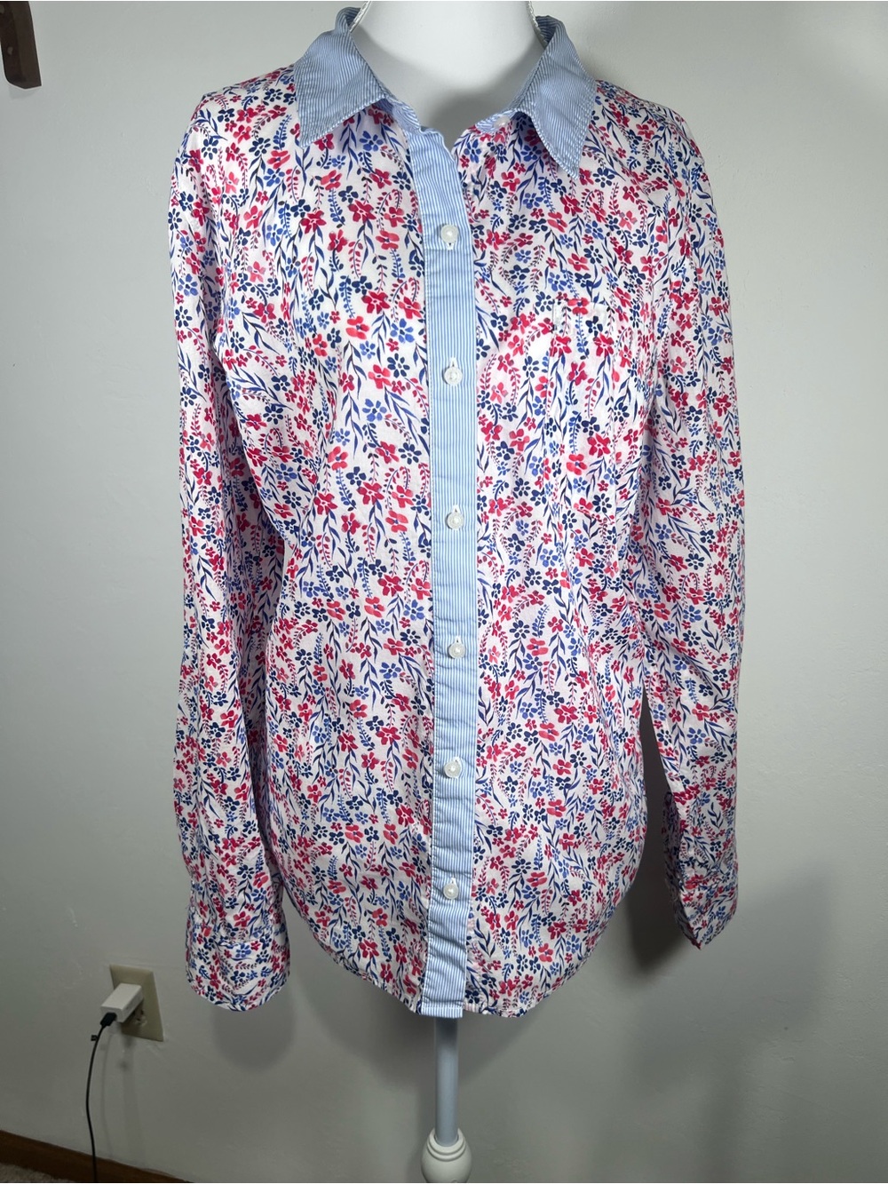 Tommy Roll Tab Sleeve Red & Blue Floral Print Blouse - Size XL